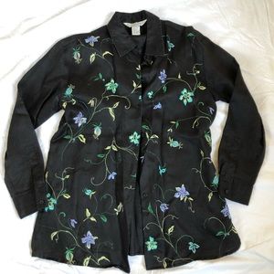 Black linen and floral embroidered blouse